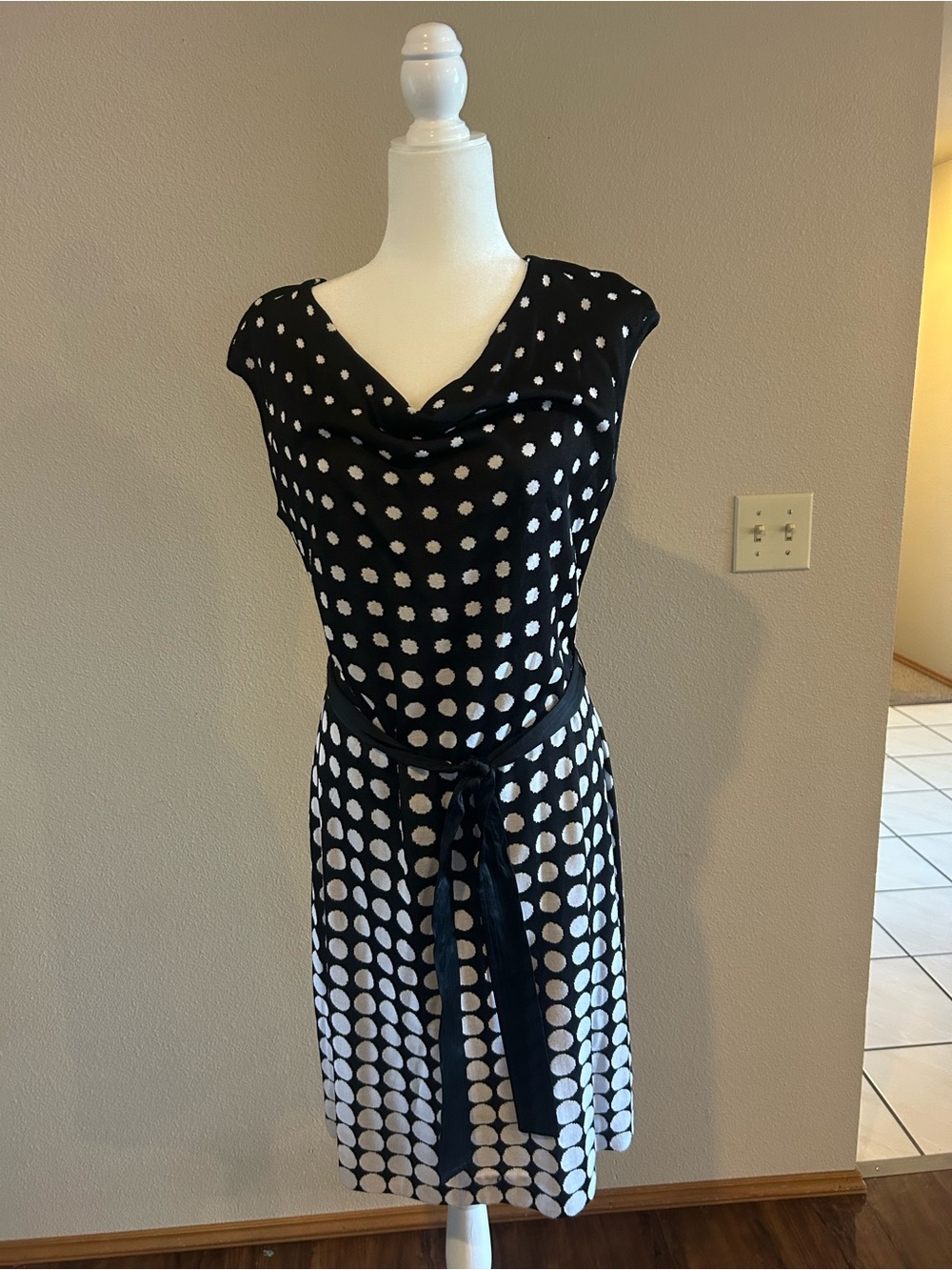 St. John Collection Black & White Polka Dot Cowl Neck Midi Dress